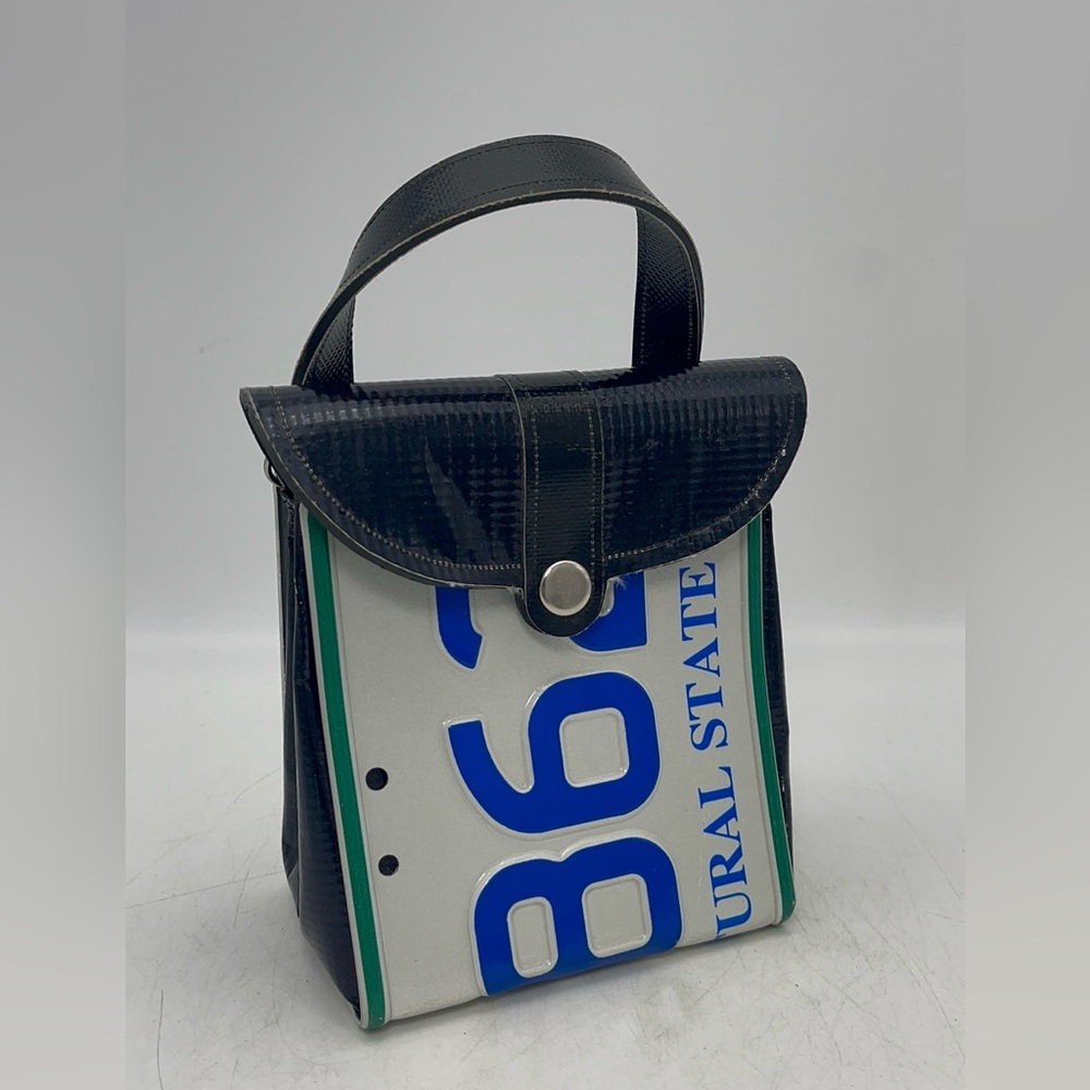 License Plate Design Black small purse with handle pleather trims